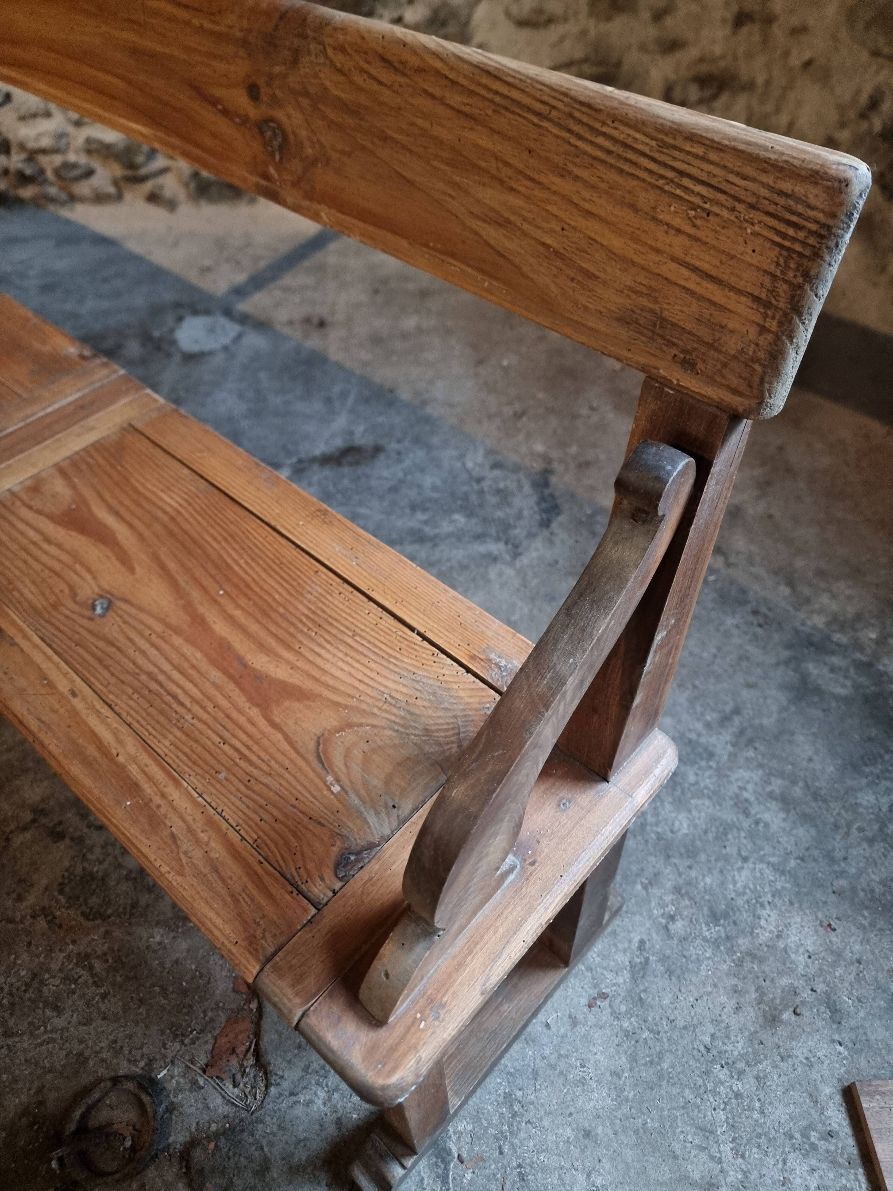 Banc de monastère antique XXL – Long banc de rangement en pin avec cadre en chêne, vers 1900–1920