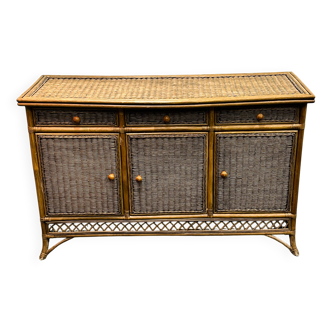 Commode italienne vintage en rotin et bambou - Buffet, Italie. Années 1970.