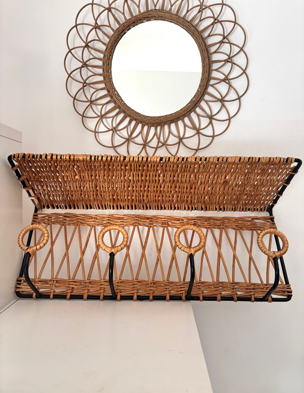 Iron and rattan coat rack by Jacques Adnet, 1960s.