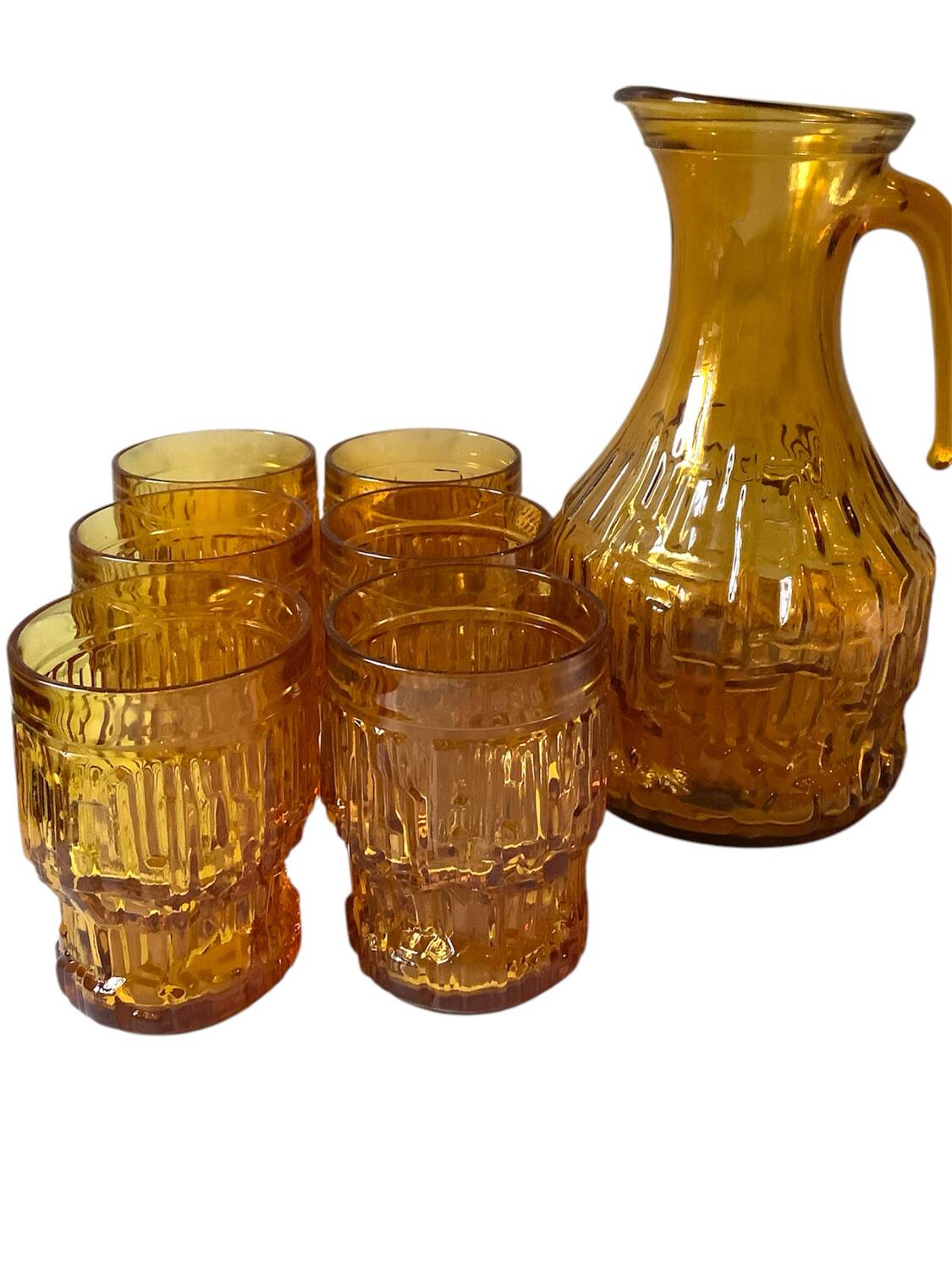Vintage amber glass glasses and carafe set