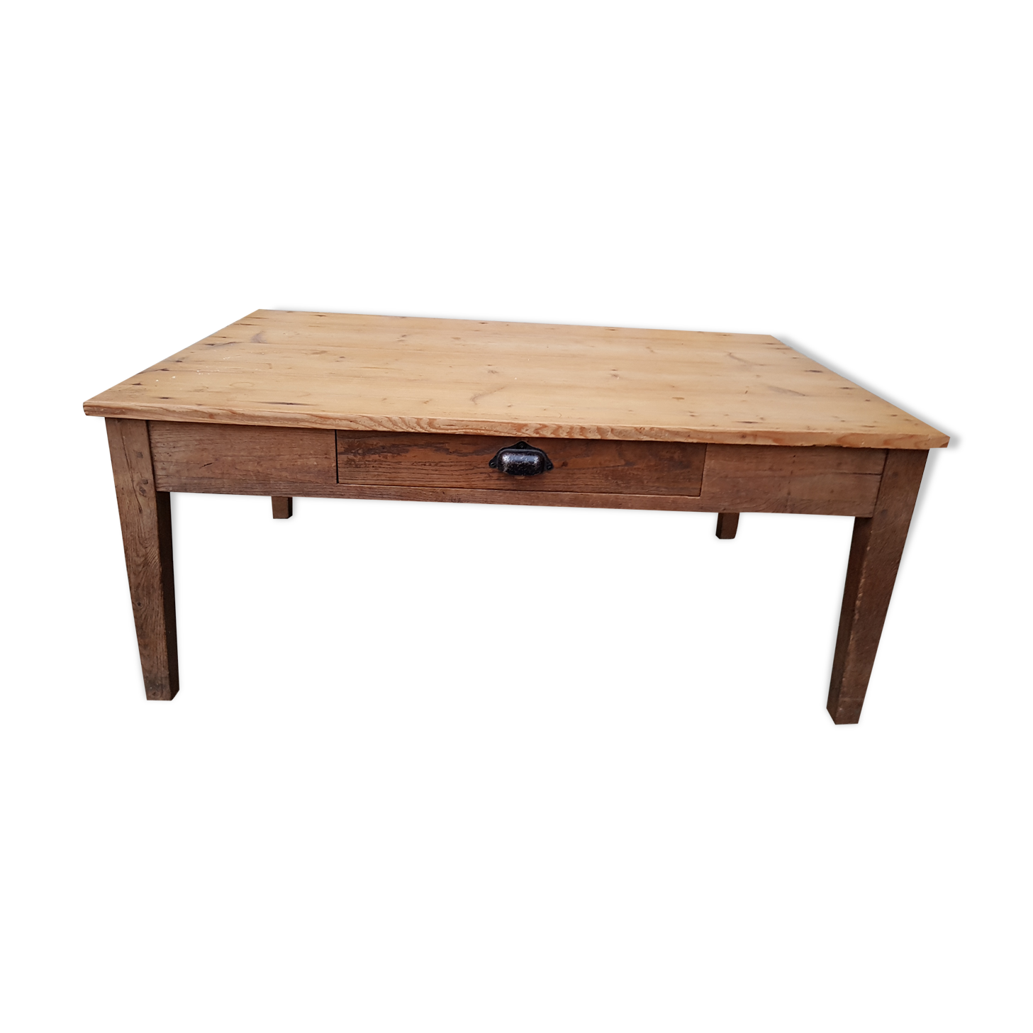 Old coffee table with drawer handle shell