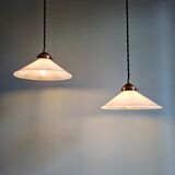 Pair of Art Deco conical white opaline pendants, 1920-30.