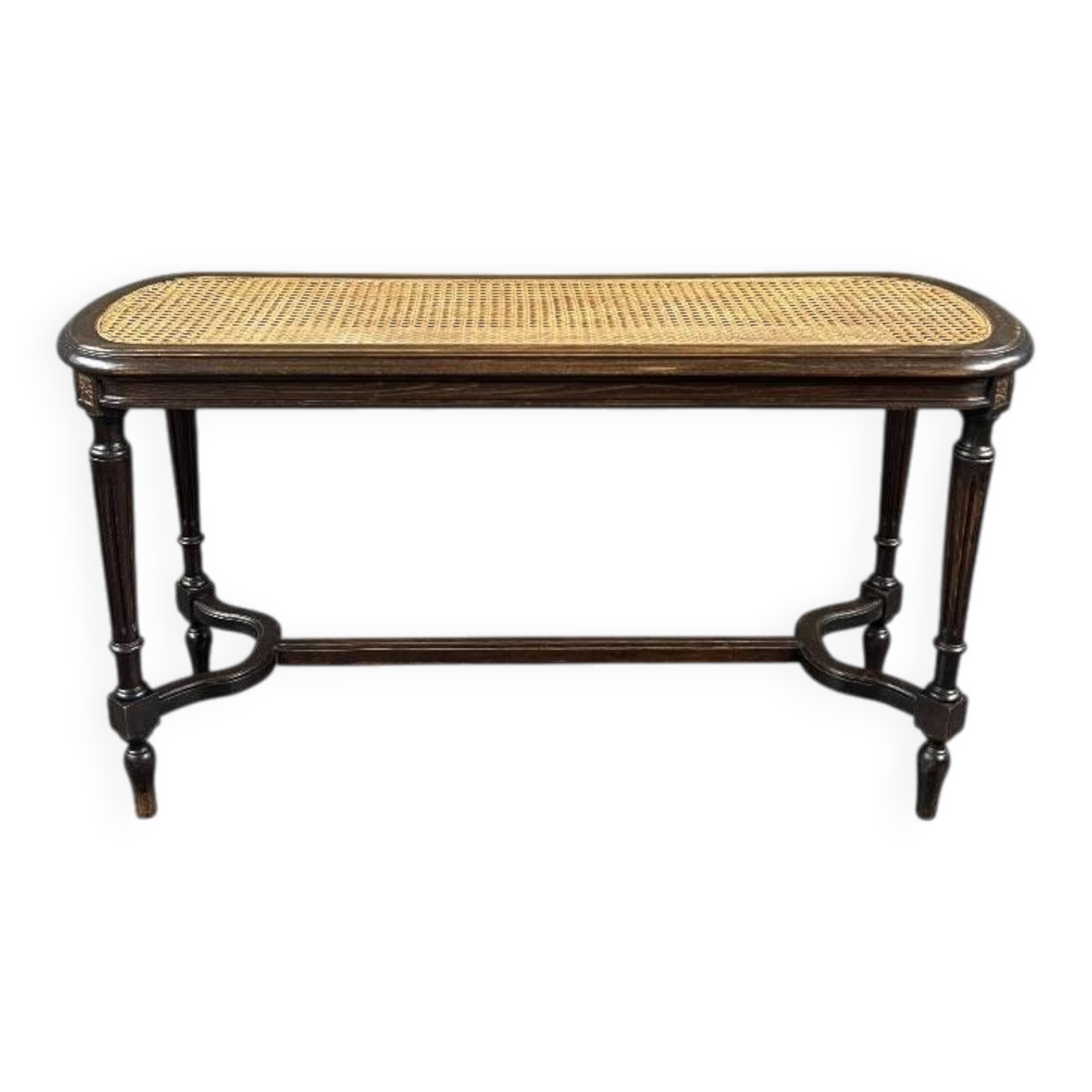 Antique wooden bench, caned seat, Louis XVI style, 20th century.