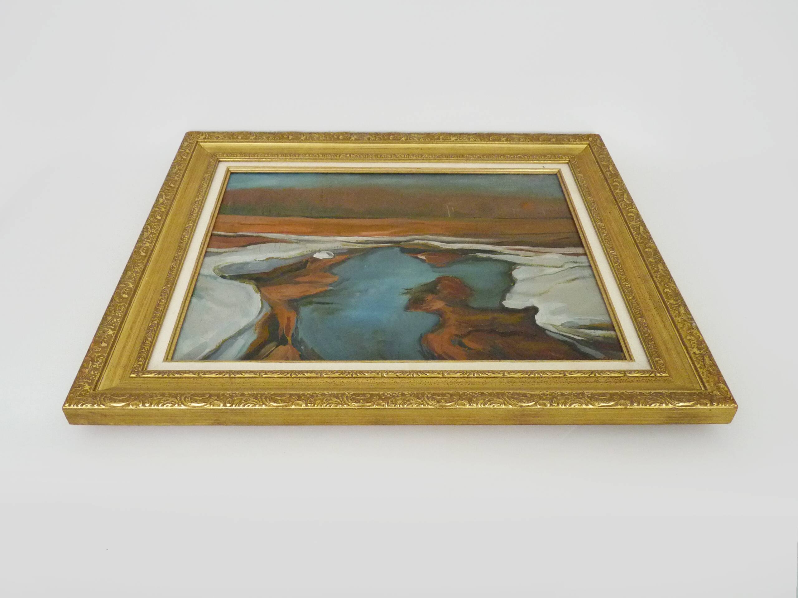 Abstract oil on canvas signed in its gilded wooden frame. 60s 70s