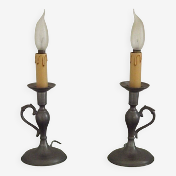 Matching pair french vintage round pewter candle stick lamps with handles 4695