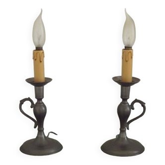 Matching pair french vintage round pewter candle stick lamps with handles 4695