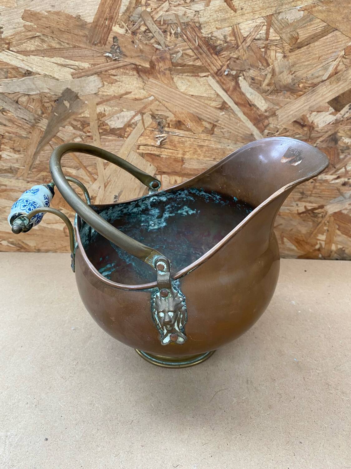 Antique copper & brass ash bucket + porcelain handle