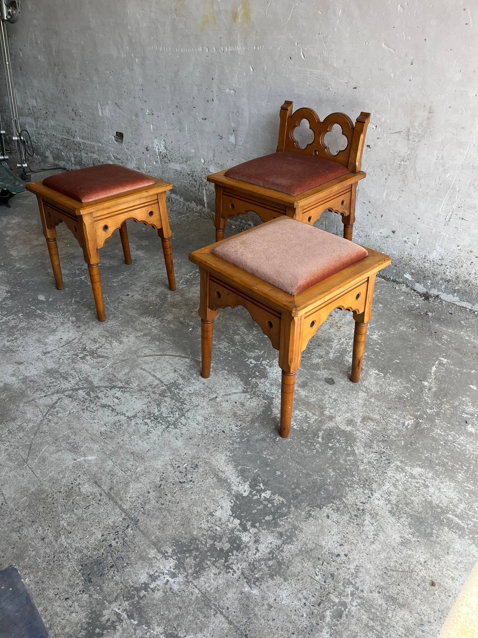 Set of 3 rustic neo-Gothic stools, 1970s