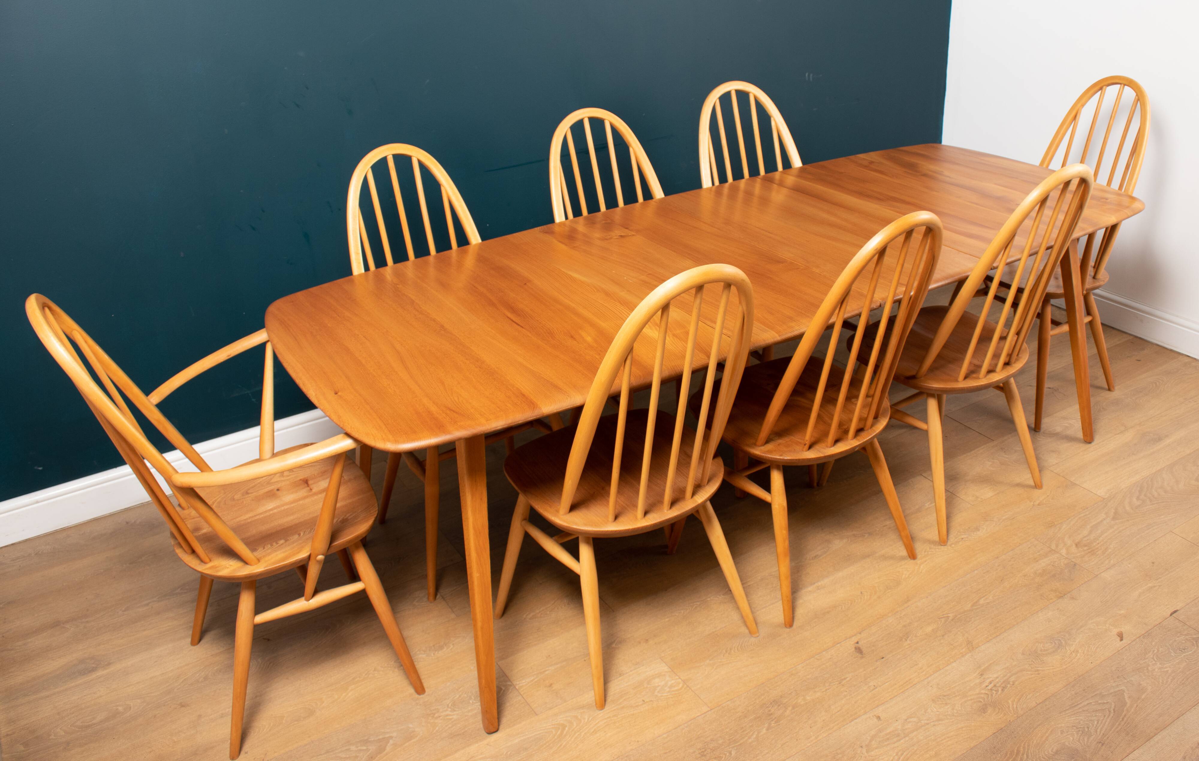 Vintage ercol elm model 445 grand plan dining table & 8 chairs including two carvers