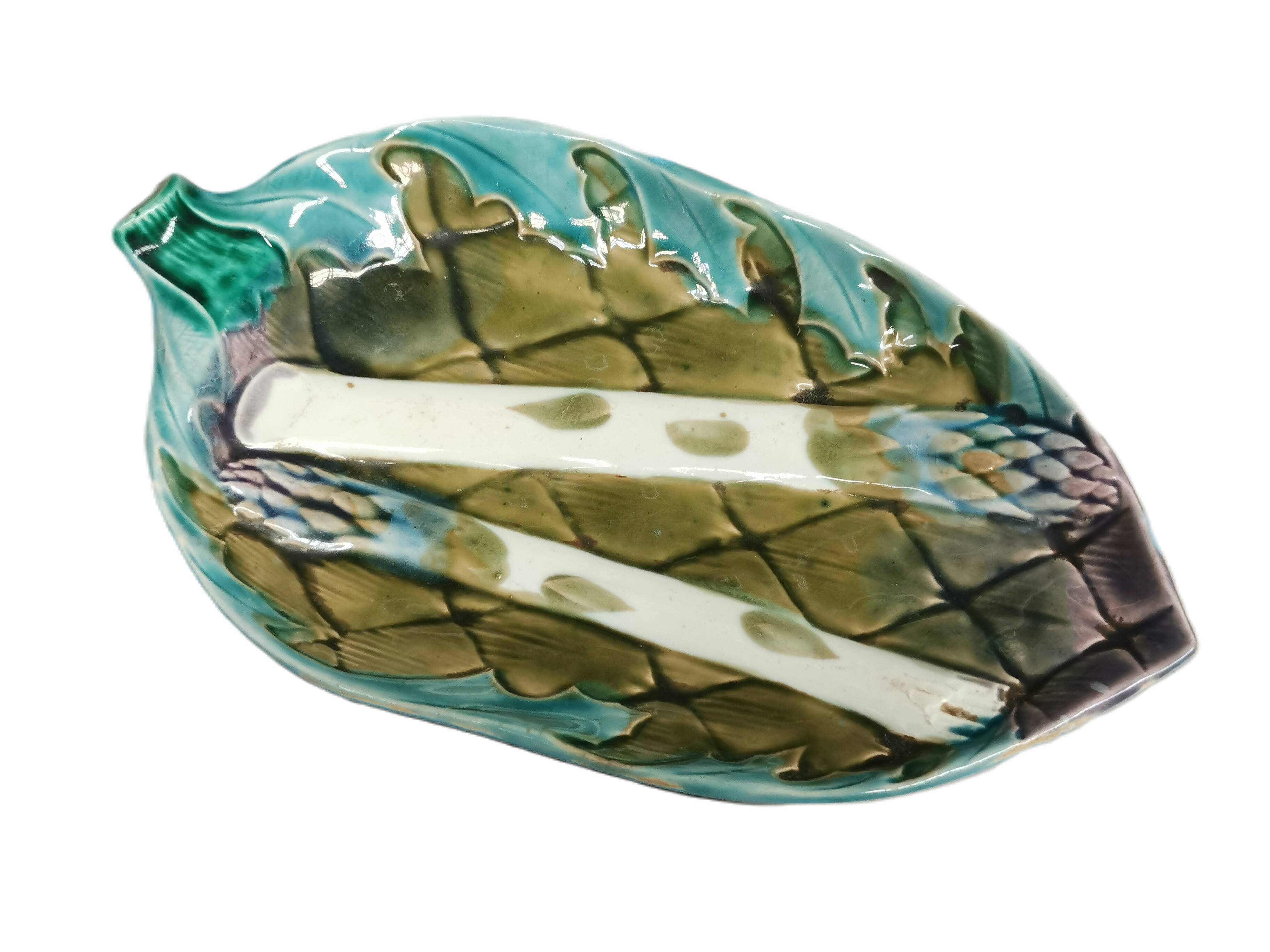 Old asparagus / artichoke dish. majolica barbotine luneville