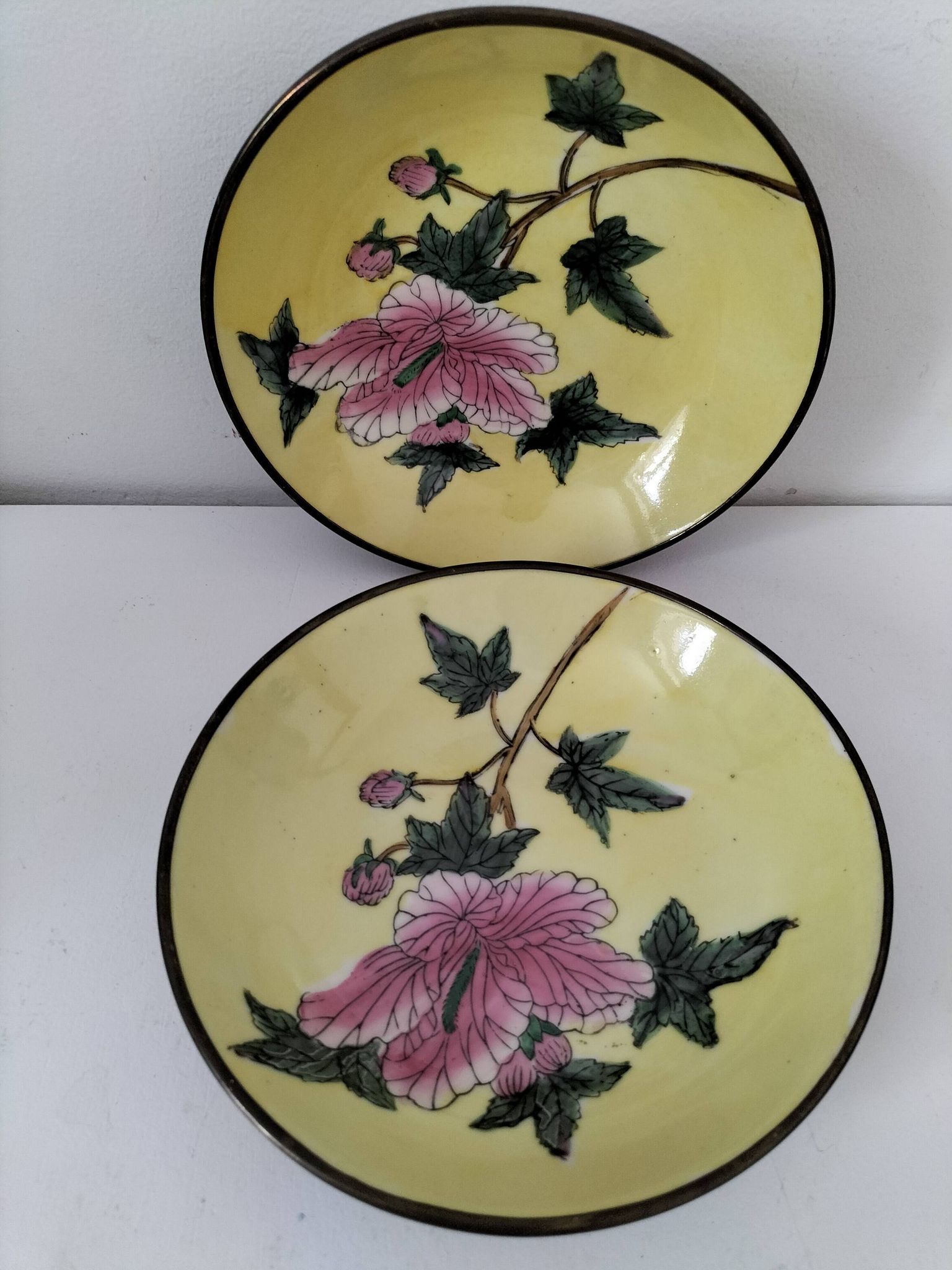 A pair of vintage Chinese decorative plates with floral designs on a yellow background.