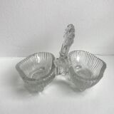 Trio of mismatched salt shakers in molded pressed glass 50s