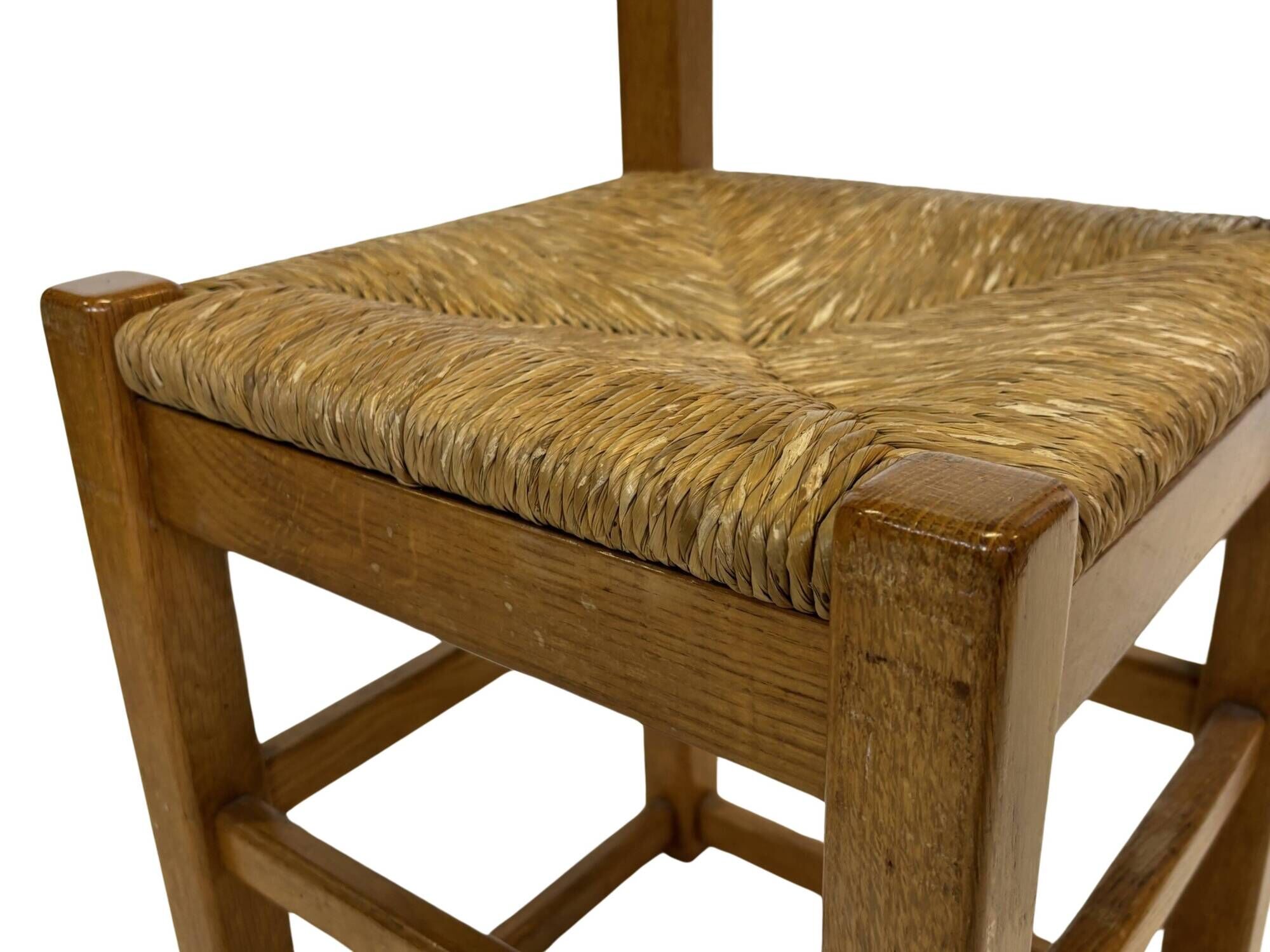 Set of four vintage chairs / stool - brutalist style minimalist oak and wicker 60s