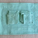 Old tablecloth and its 8 embroidered napkins "la malabar LS" - green - 150x170 cm - linen thread