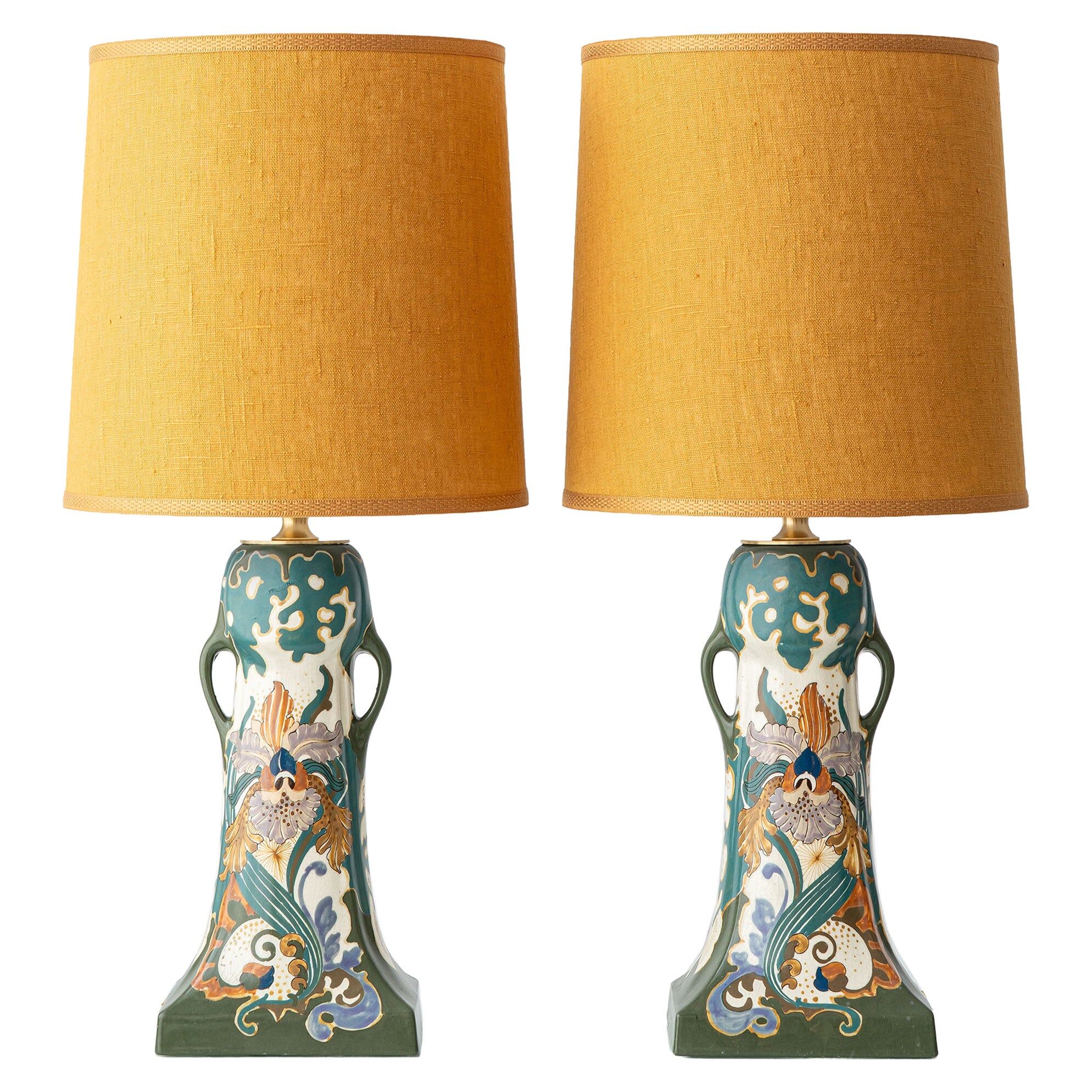 Pair of Dutch Art Nouveau Ceramic Table Lamps, circa 1915, with New Ochre Linen Shades