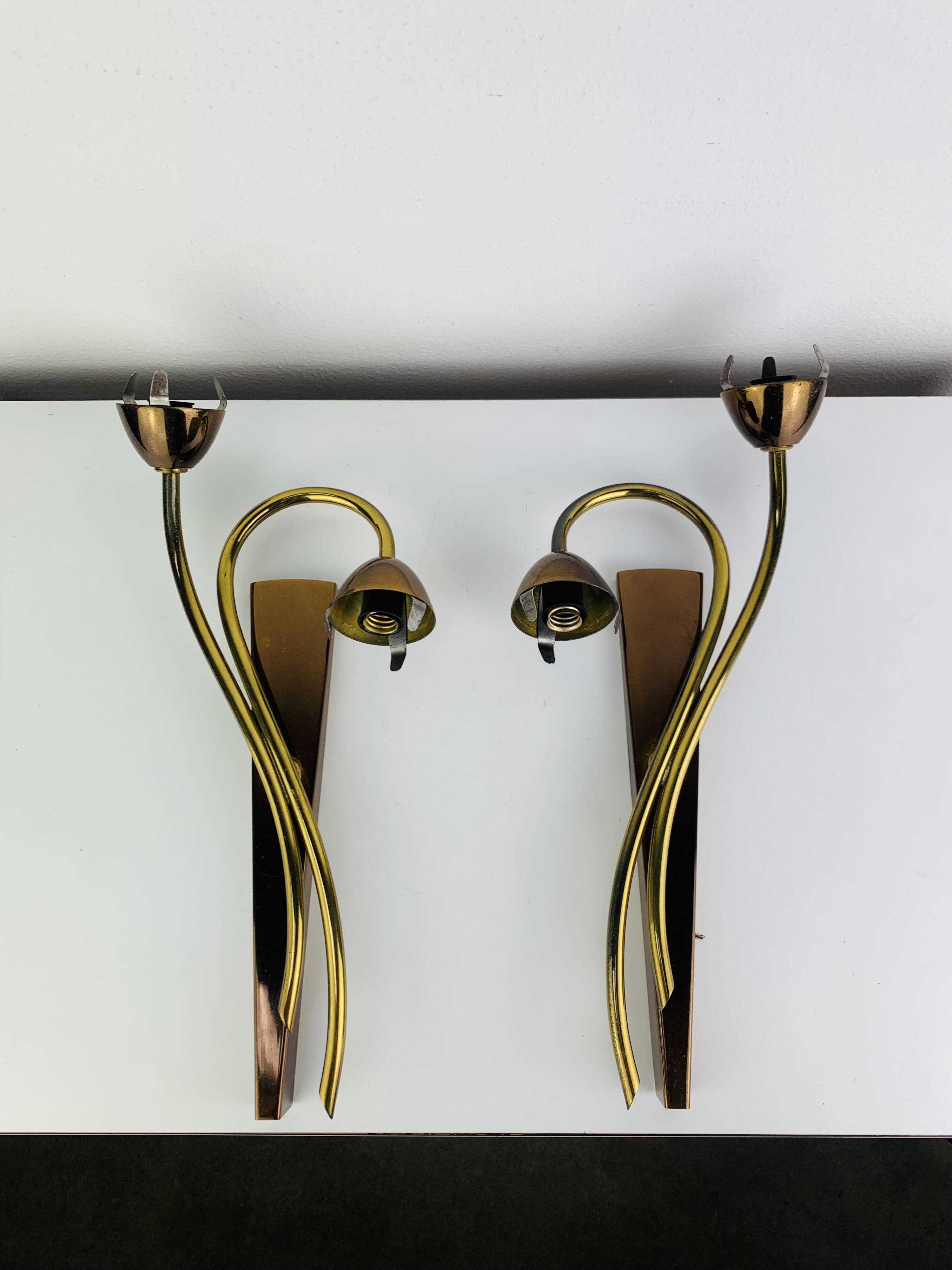 Pair of 1950s wall lights in brass and opaline tulips, Lunel/Arlus