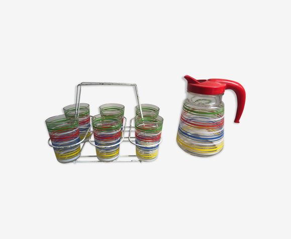 Lot de 6 verres avec son support métallique et 1 carafe en verre service orangeade 1950 vintage