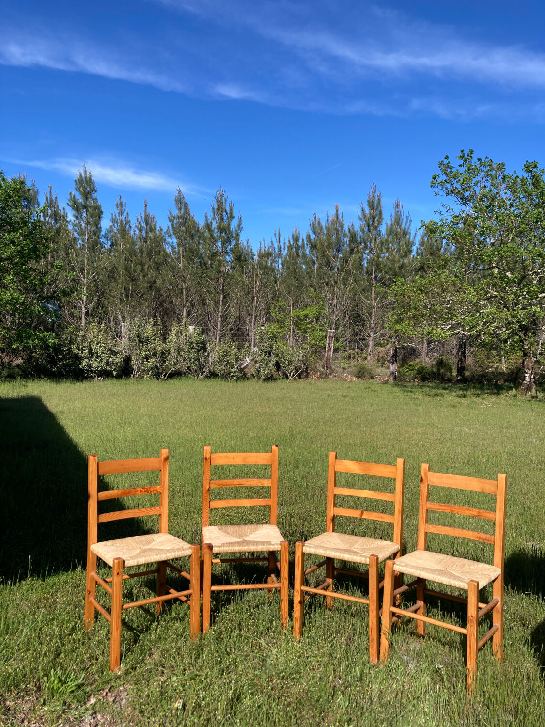 4 straw chairs in vintage pine wood 1980 1990