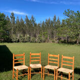 4 straw chairs in vintage pine wood 1980 1990