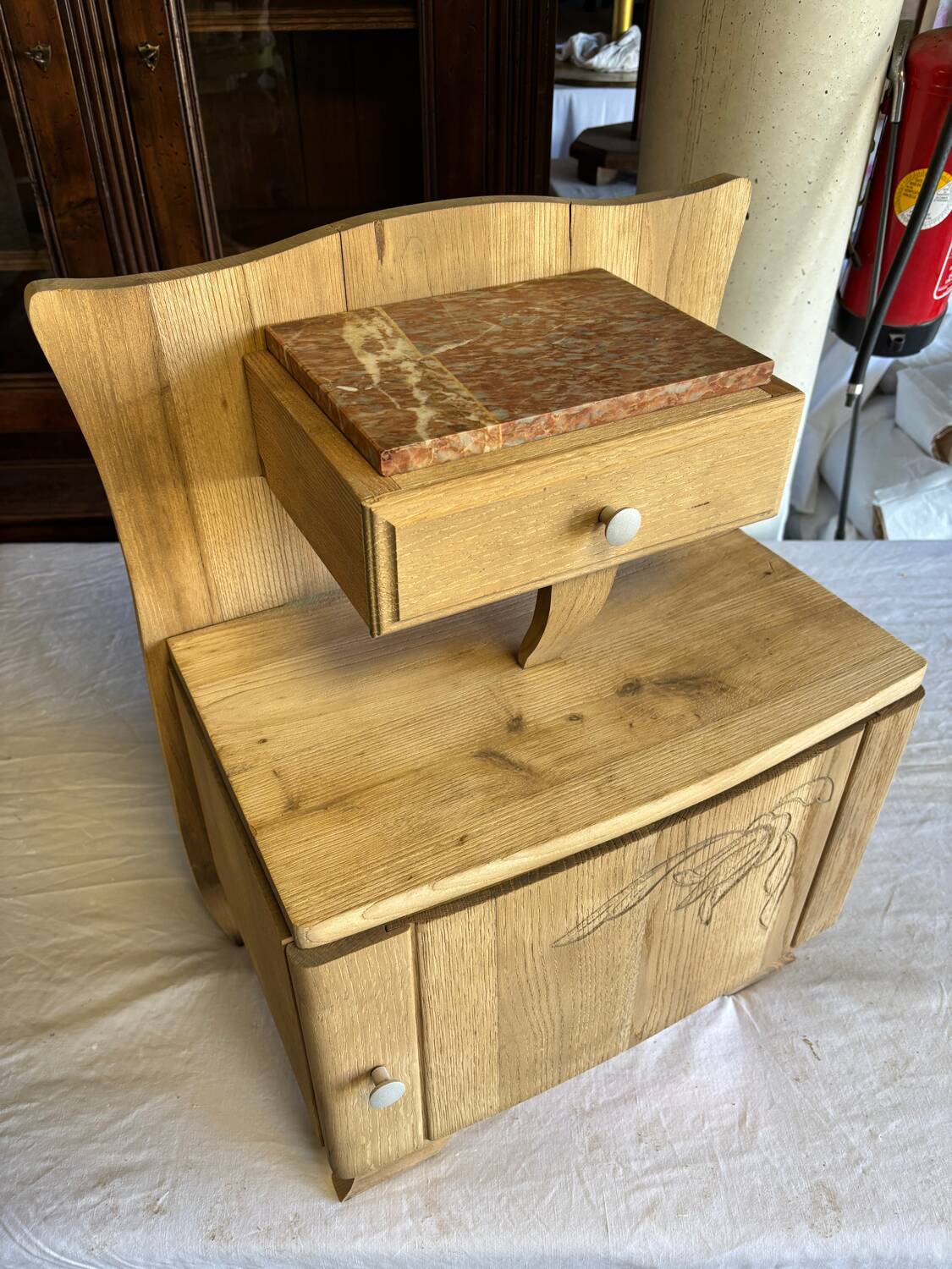 Raw wood bedside table