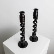 Dark Wood Candle Holders, Vintage 1970s Italy, Barley-Twist Design, Set of 2, Boho Table Decor