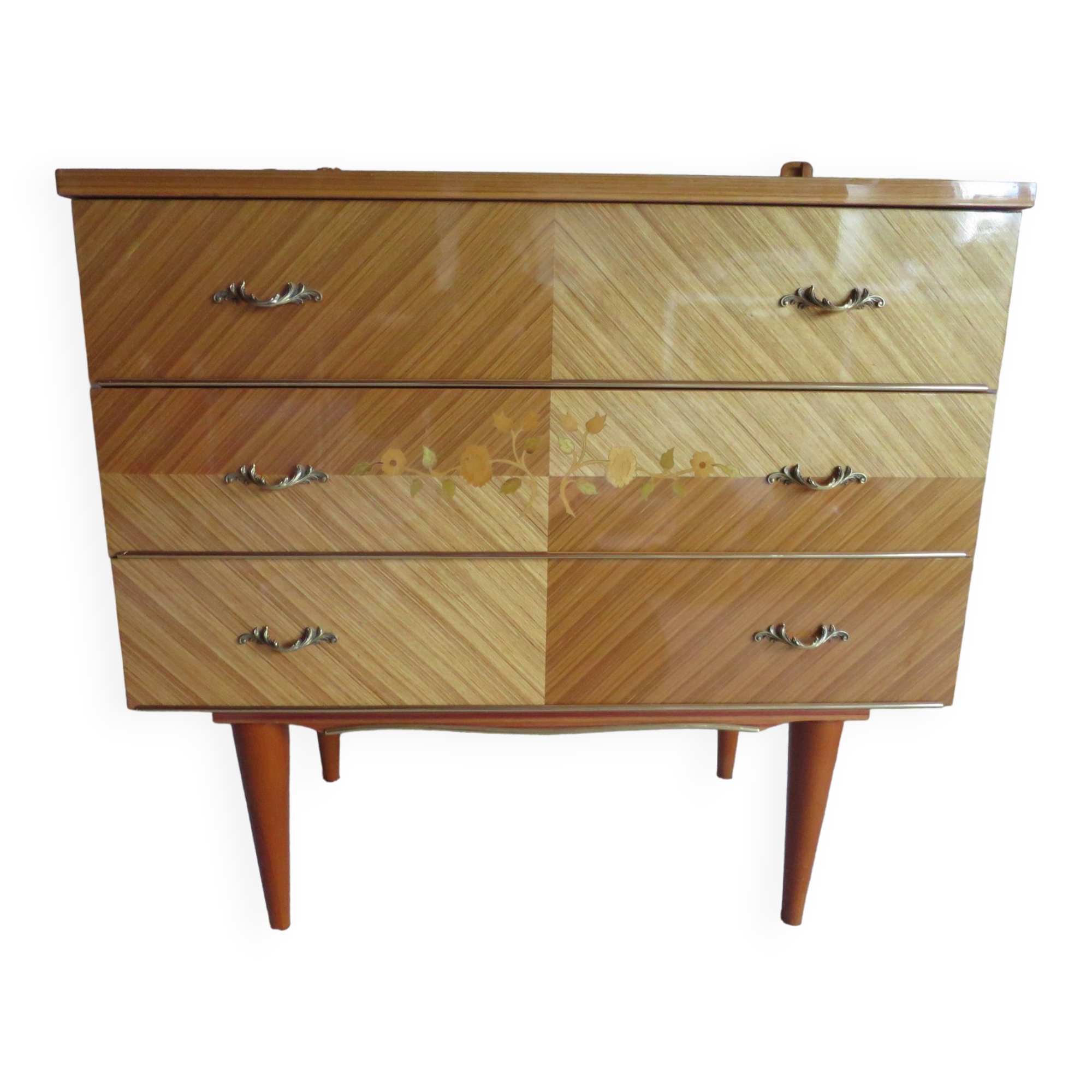 3-drawer chest of drawers - 60s - vintage - marquetry effect - spinning top feet