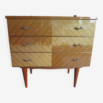 3 drawer chest of drawers - 1960s - vintage - marquetry effect - spinning top feet