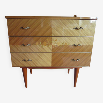 3-drawer chest of drawers - 1960s - vintage - marquetry effect - spinning feet