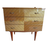 Commode 3 tiroirs - années 60 - vintage - effet marqueterie  - pieds toupies