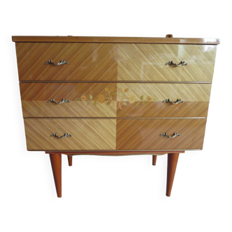 3 drawer chest of drawers - 1960s - vintage - marquetry effect - spinning top feet