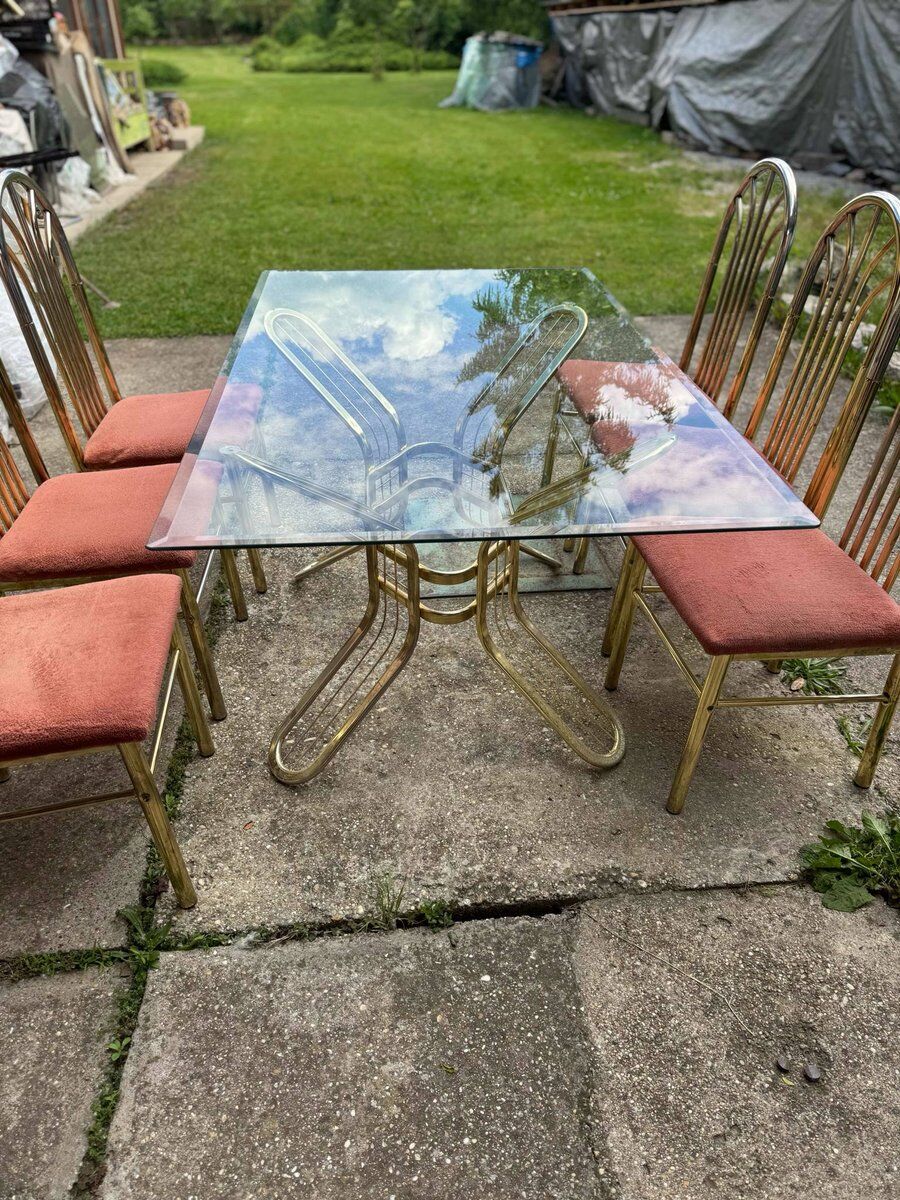 Italian brass dining table and chairs, 1970s, set of 7