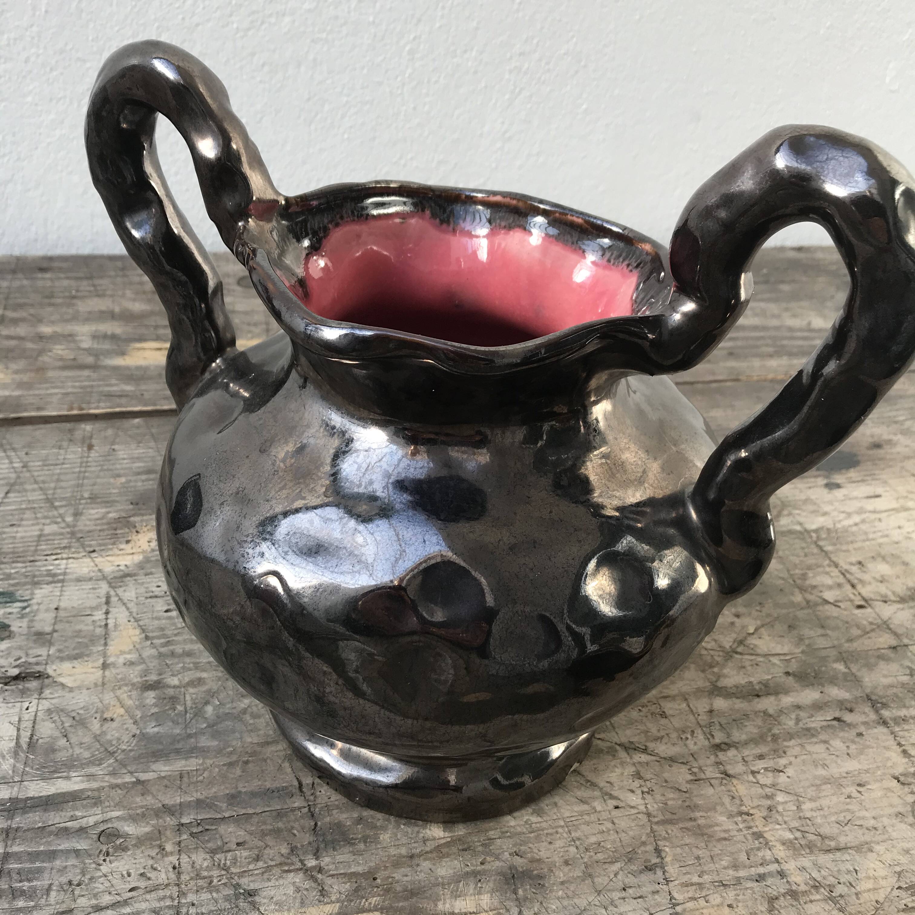 Black Ceramic Vase, pink inside color, signed