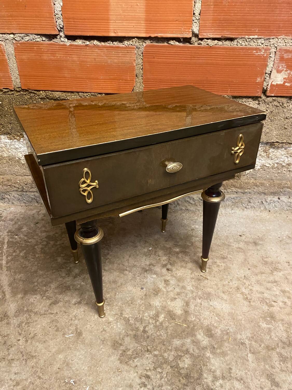 Antique Nightstand N252 Drawer Lacquered Wood Mid 20th Century Vintage
