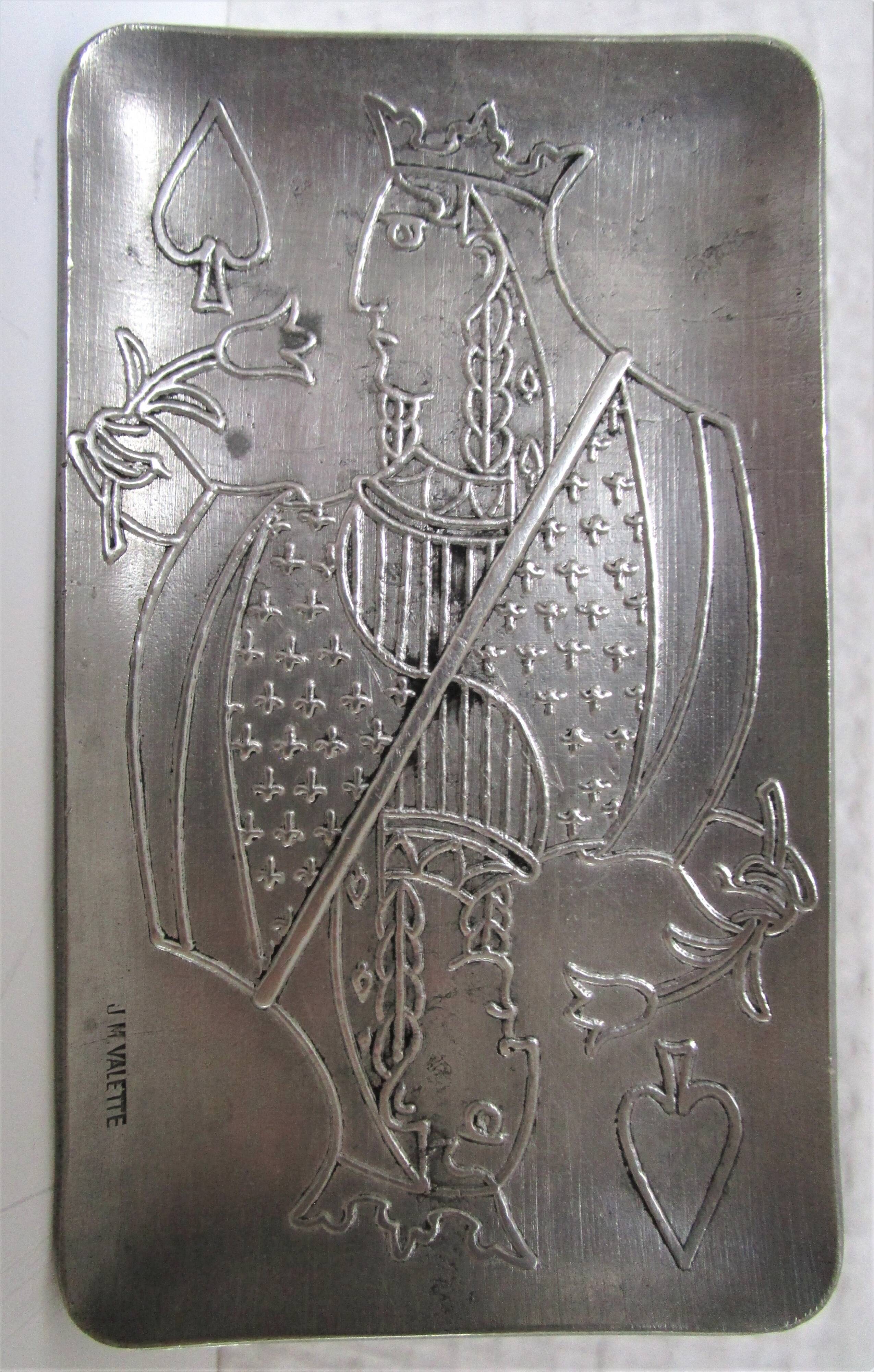 Lady of Spades pocket tray by JM Valette, signed, metal, 1960s.