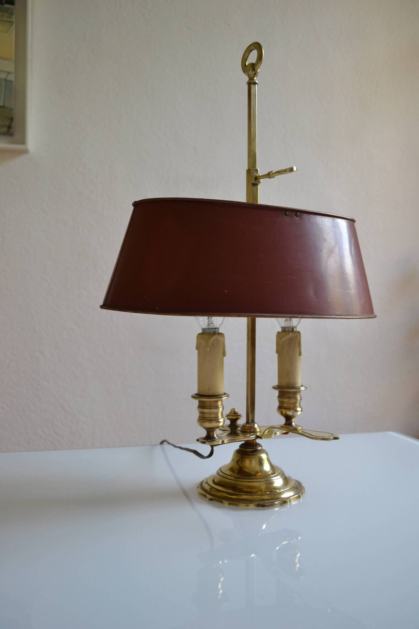hot water bottle lamp with 2 bronze lights and burgundy sheet metal lampshade