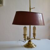 hot water bottle lamp with 2 bronze lights and burgundy sheet metal lampshade