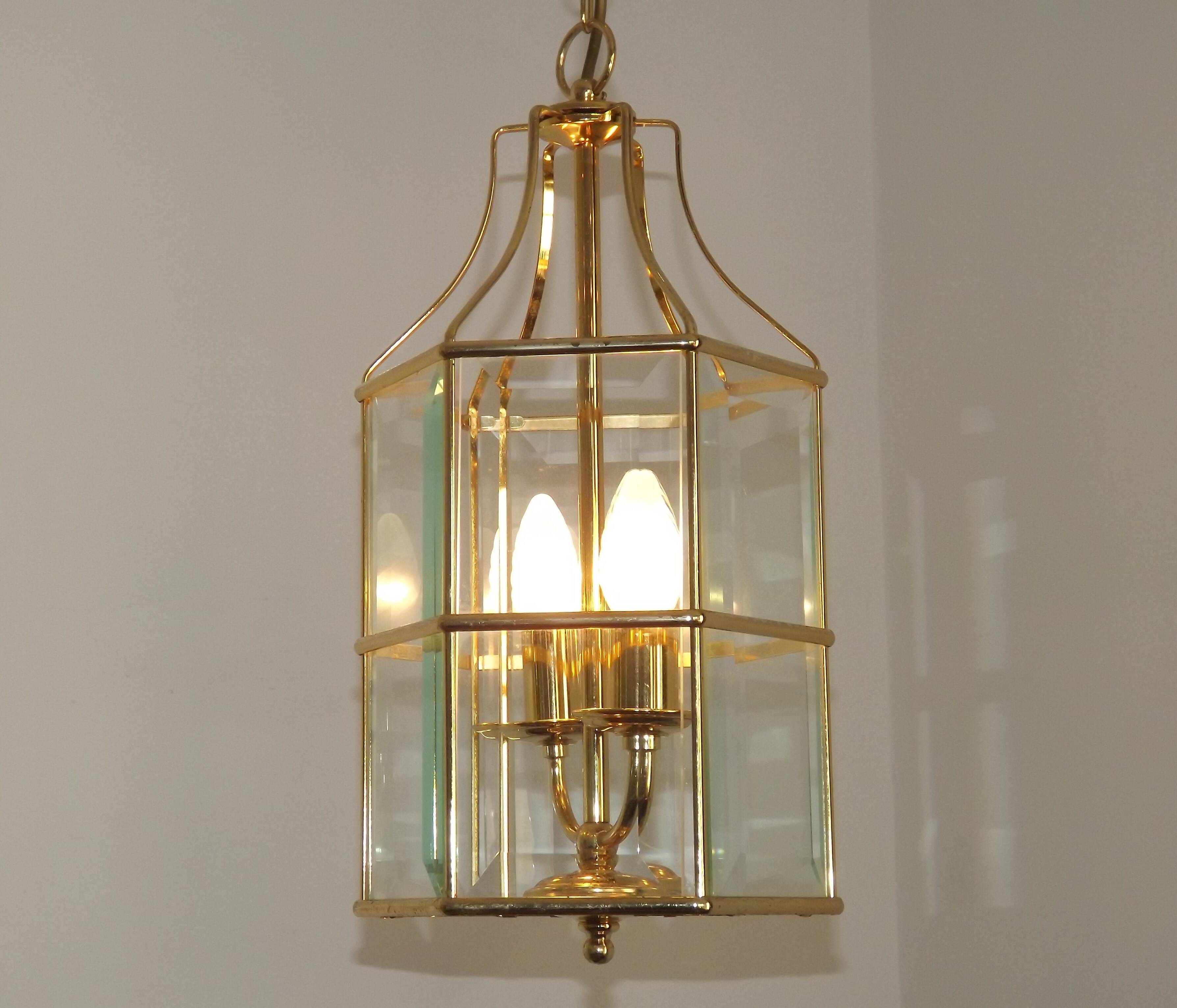 French Vintage 2 Light Hexagonal Gold Metal & Beveled Glass Hanging Light