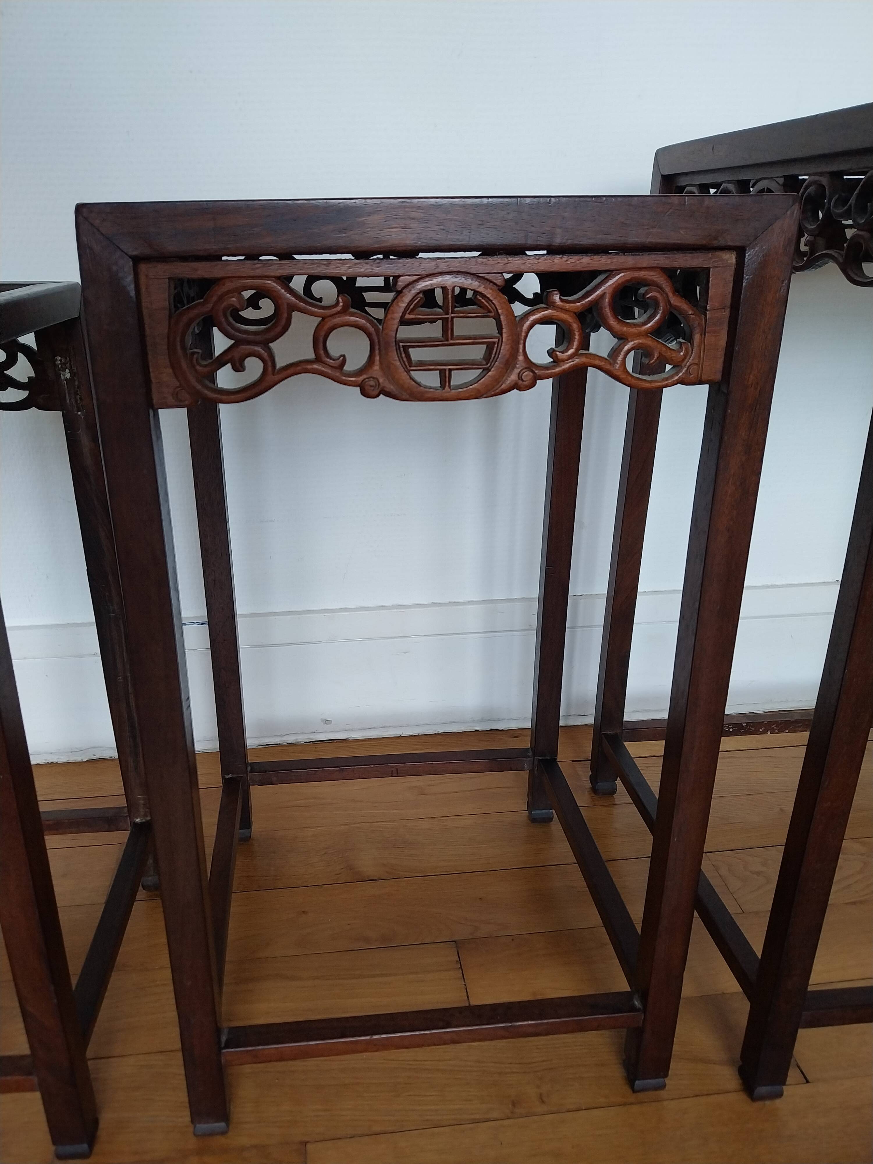 3 Chinese nesting tables in wood and brass.