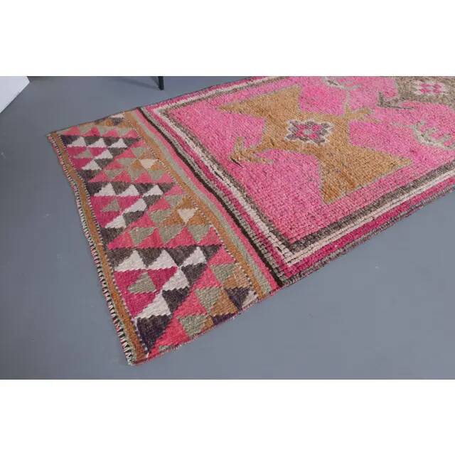 Vintage Turkish Hand-Knotted Wool Cotton Pink Runner Rug 90x298