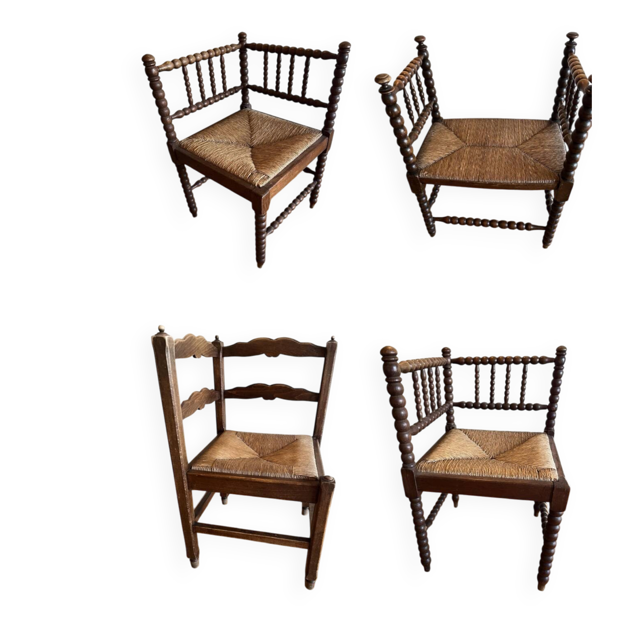 Set of 4 straw seats, turned legs in Bobin style.