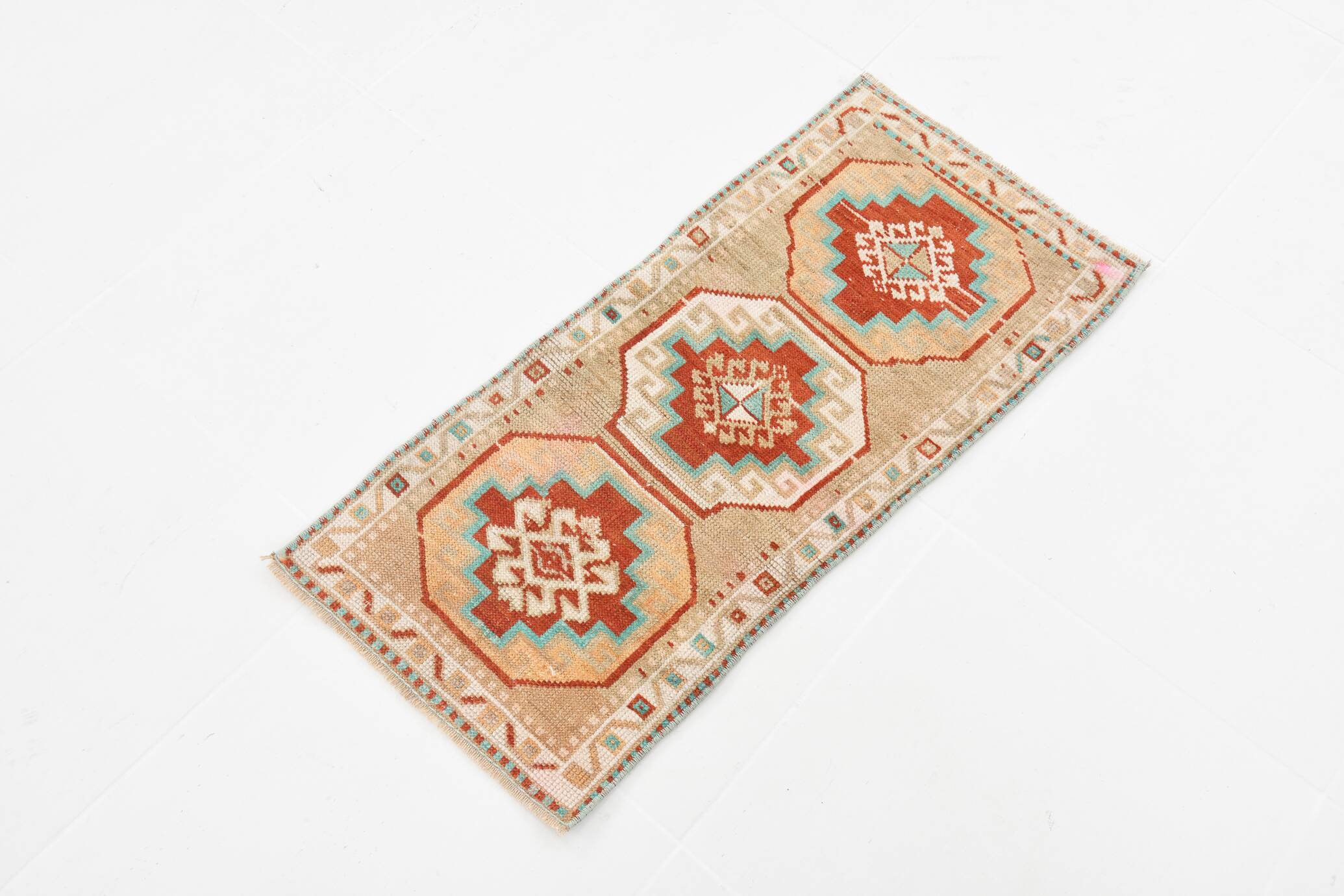 Beige & Red Small Size Vintage Wool Rug, Turkish Doormat Rug