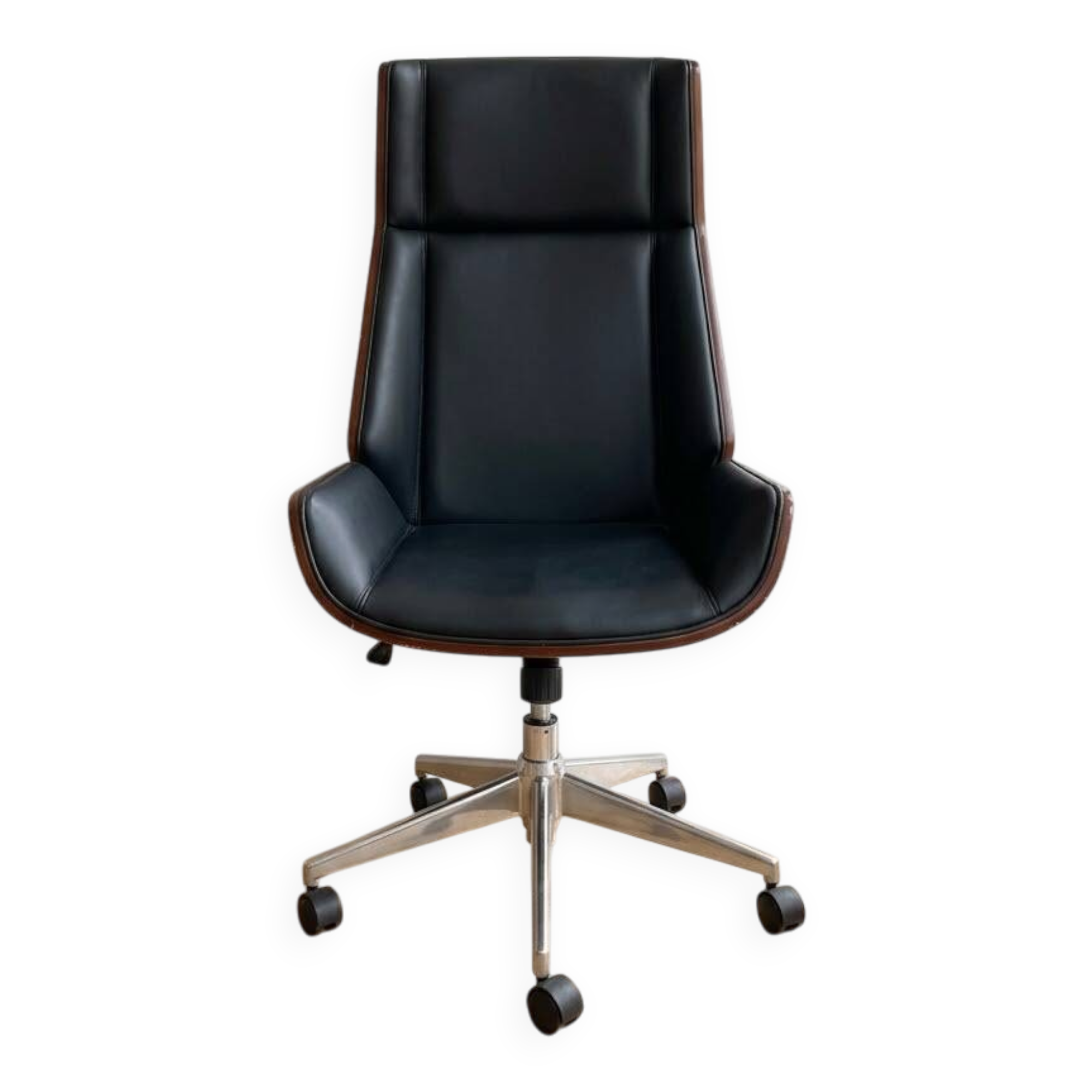 Designer office chair walnut black leather