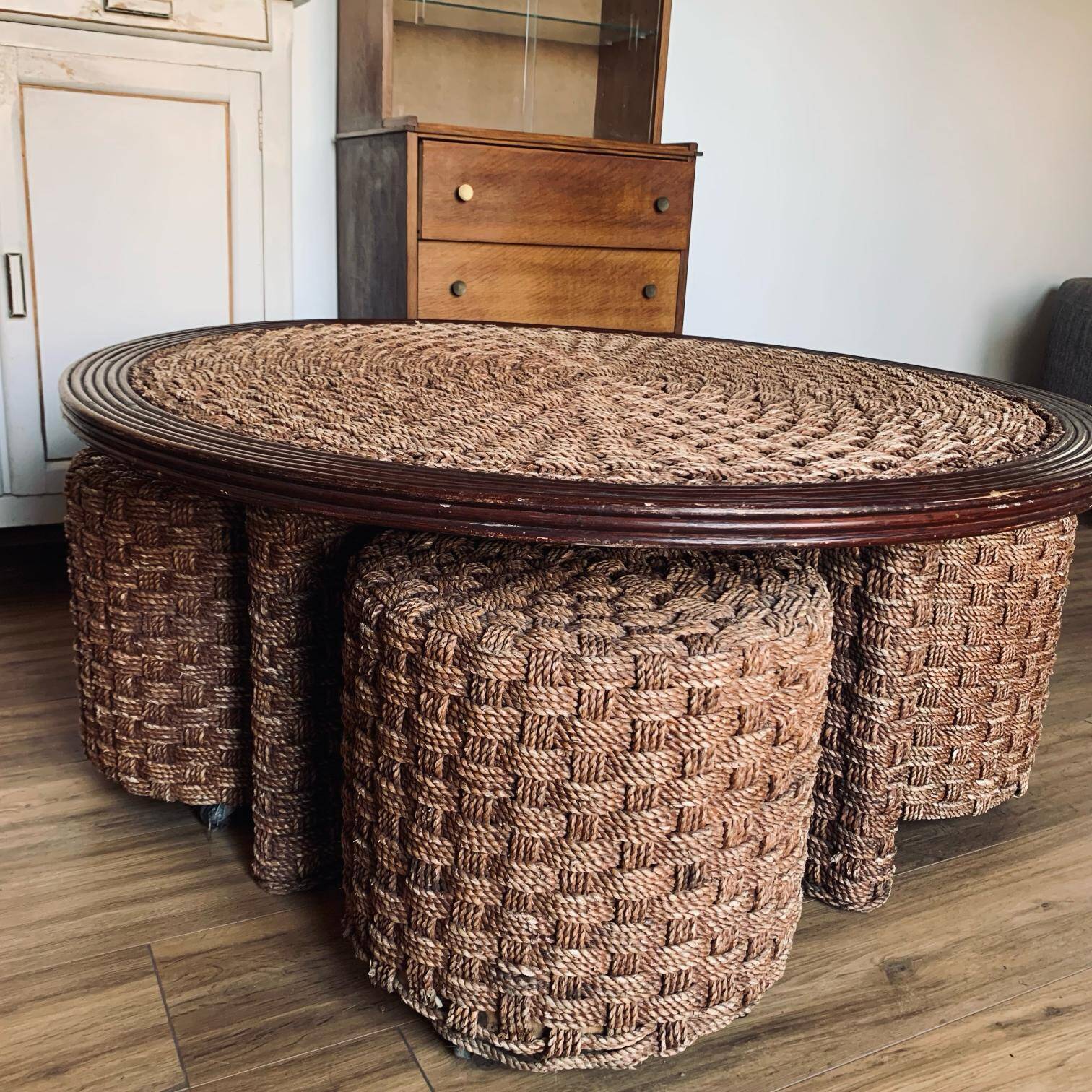 Vintage woven rope and rattan coffee table with 4 stools