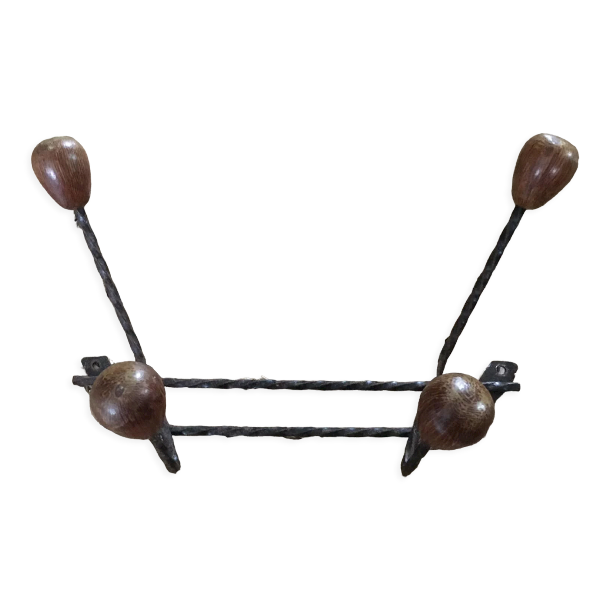 Old wrought iron coat rack. 4 hooks in chestnut wood