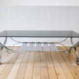 Rectangular coffee table in smoked glass and chrome double trays Design 1970