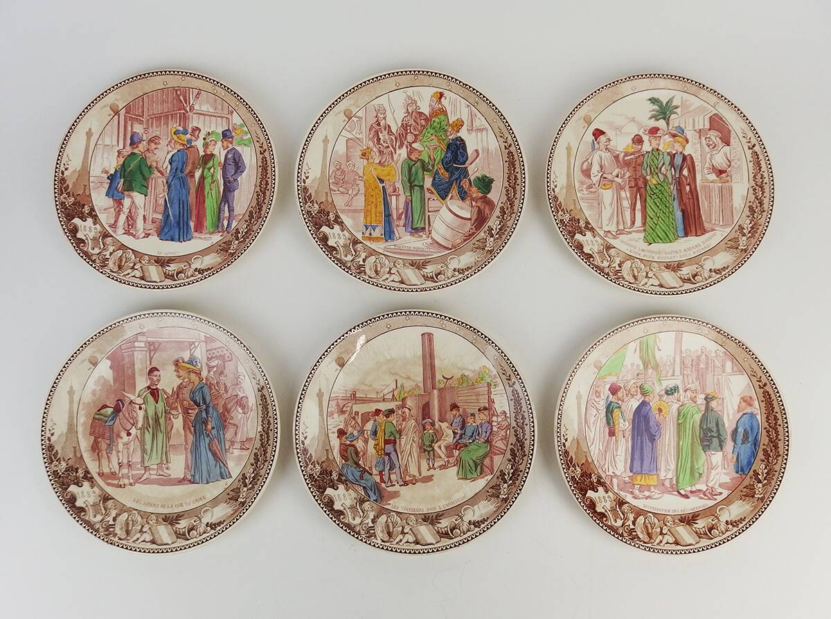 Six Sarreguemines plates "Universal Exhibition" from 1889