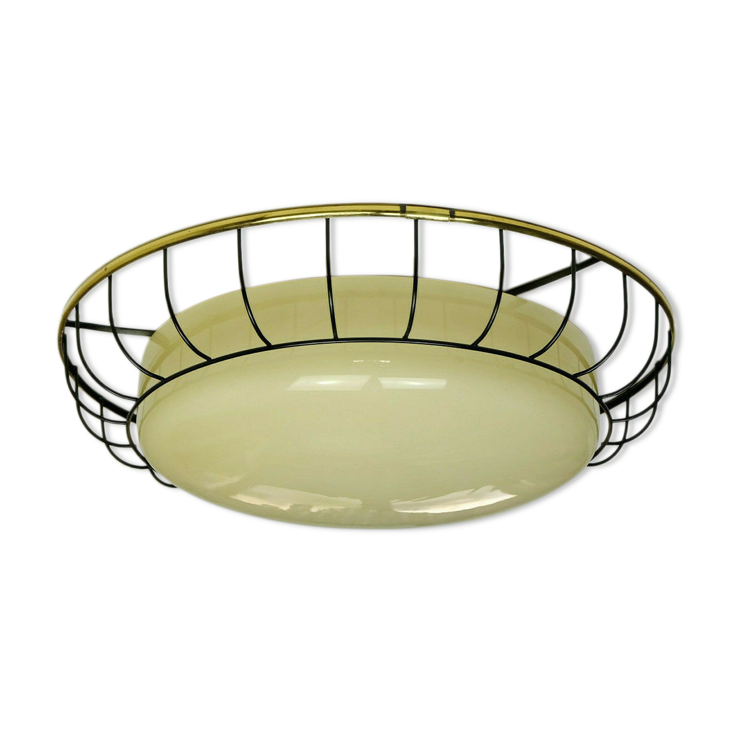 1930s to 50s glass ceiling lamp plafoniere with metal wire and brass frame