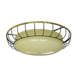 1930s to 50s glass ceiling lamp plafoniere with metal wire and brass frame