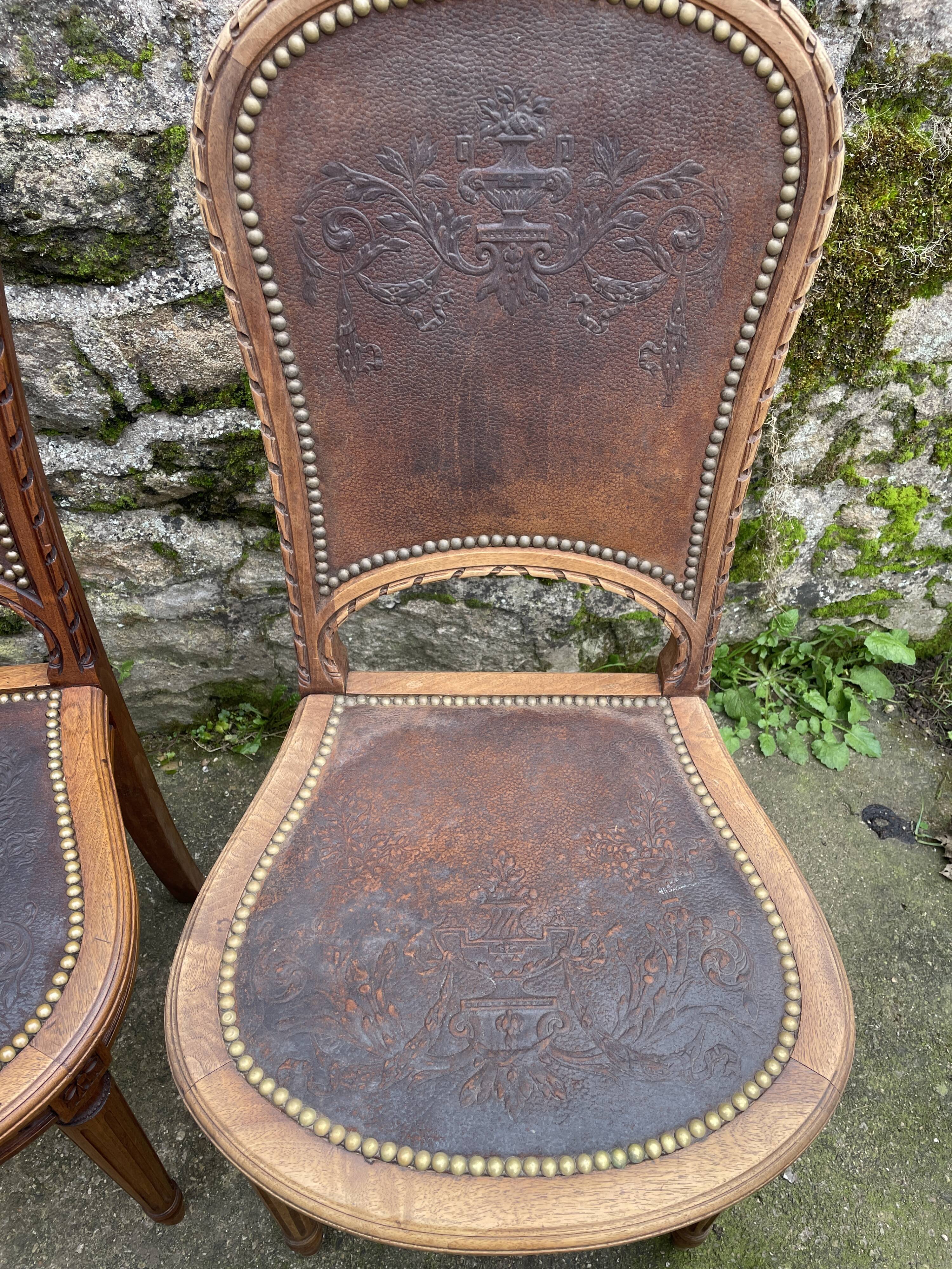 6 Louis XVI style chairs in solid beech and Cordovan leather, 1900
