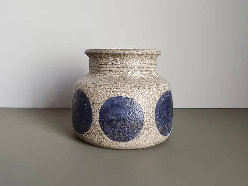 Mid-century modern stoneware vase with cobalt blue dots.